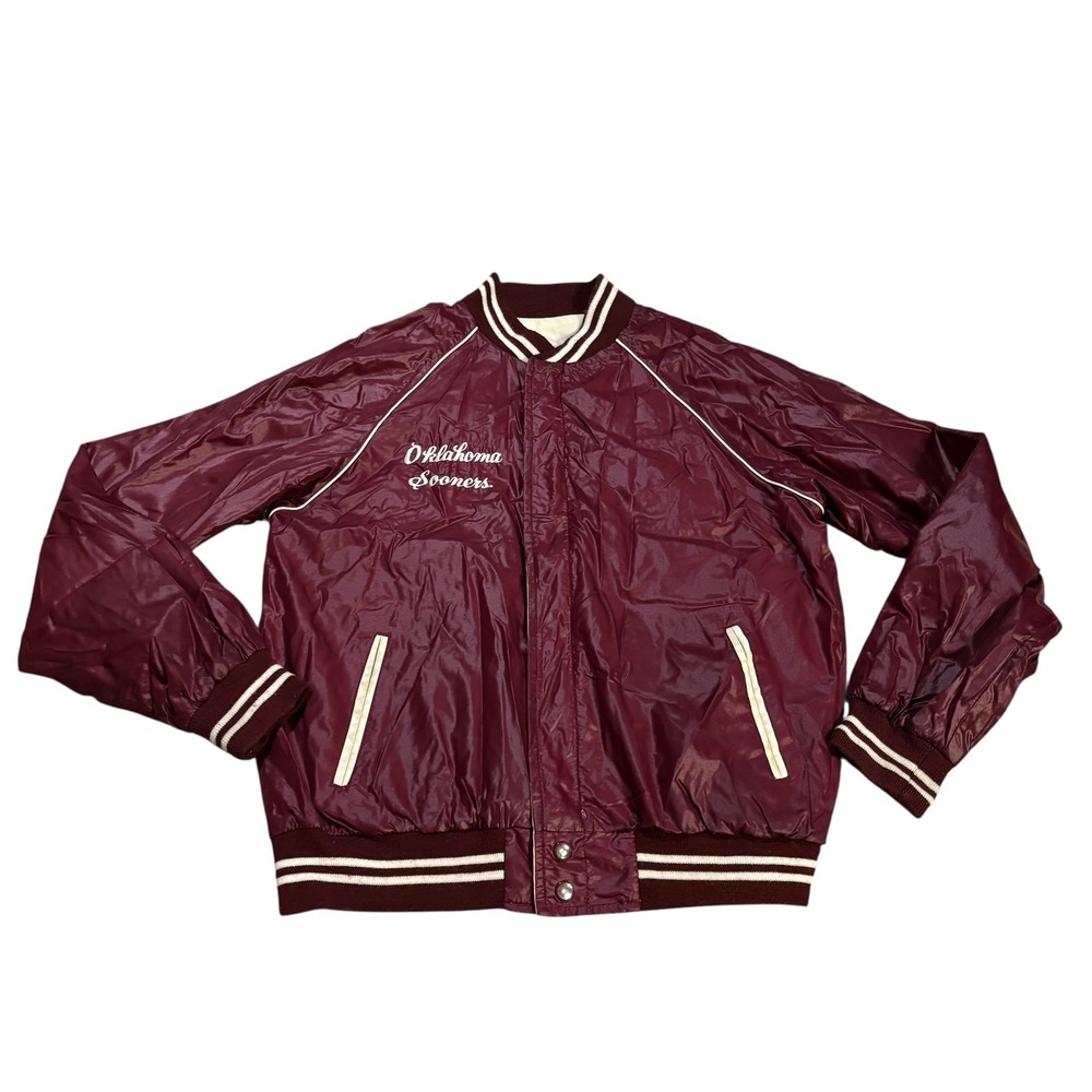 Vintage Oklahoma Sooners Maroon Satin Bomber Jacket Mens NCAA Varsity Preppy